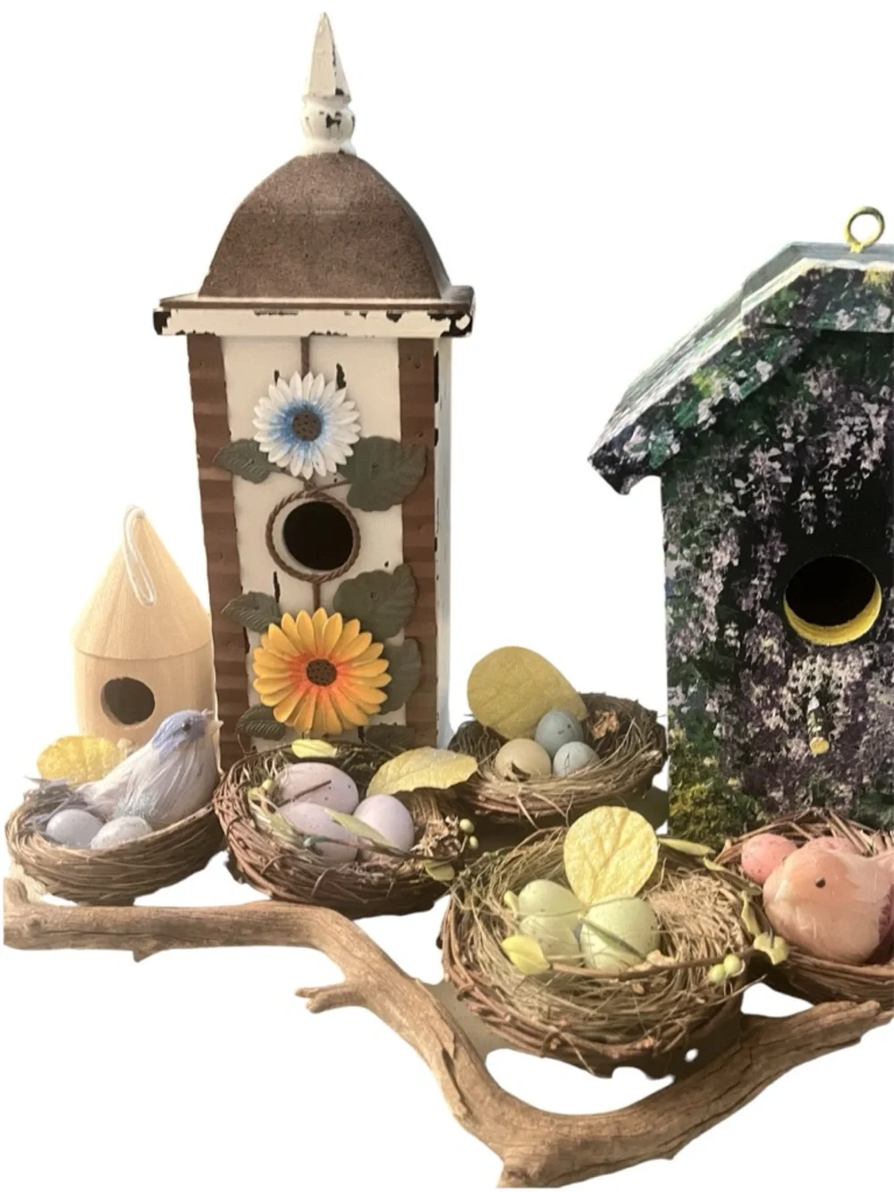 Decorative White and Brown Hollow Floral Birdhouse with Yellow and Blue Accents